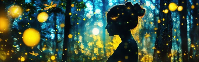 Poster - Woman's silhouette against a vibrant forest backdrop illuminated by soft golden lights during twilight
