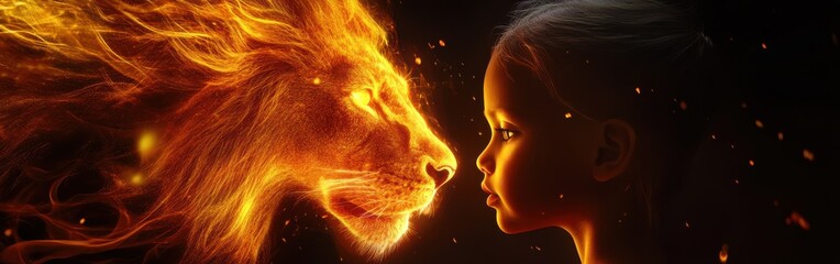 Aufkleber - Surreal visualization of a child's profile merging with a lion's fiery essence in the darkness