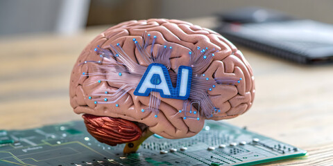 Digital brain with circuit and AI concept. 3D Rendering. Robot brain digital data ai global network technology hologram with light and, touch the science, Technology design for the computer brain.