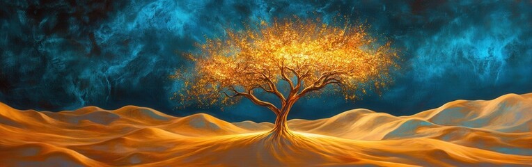 Poster - Surreal glowing tree in a desert landscape illuminated by golden hues against a dark sky
