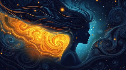 Aufkleber - Woman radiating tranquility with swirling elements at dusk in a dreamlike atmosphere