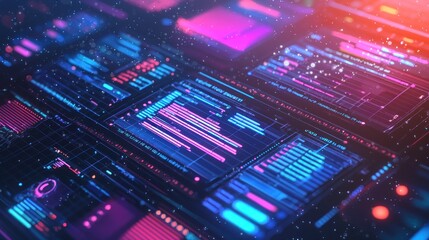 Futuristic digital interface displays code and data in a dark background