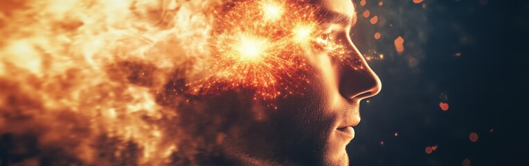 Fototapete - Mystical portrait of a man’s face with vibrant sparks emanating from his mind in a dark, ethereal setting