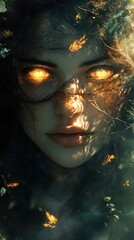 Aufkleber - Mystical portrait of a woman with glowing eyes amid ethereal foliage in a serene, enchanted forest setting
