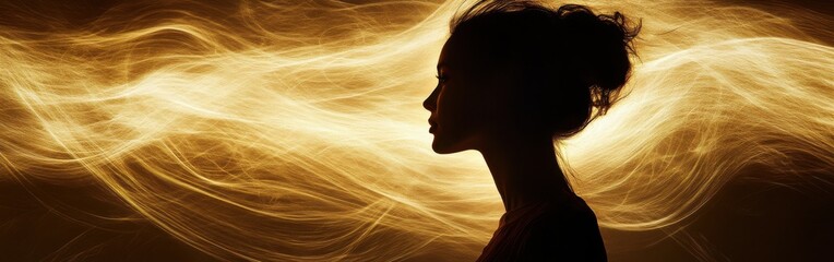 Poster - Mystical profile of a woman surrounded by ethereal golden wisps in a dreamlike atmosphere