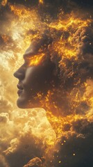 Aufkleber - Mystical profile of a man filled with fiery clouds in a dreamlike landscape at dusk