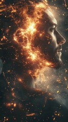Leinwandbilder - Mystical profile of a man filled with glowing light and energy against a dark backdrop