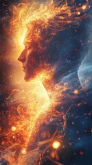 Poster - Mystical portrait of a man's profile filled with ethereal flames and cosmic elements capturing elemental energy and transformation