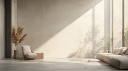 Aufkleber - Minimalist living space showcasing a concrete wall and natural light in neutral tones, perfect for modern design enthusiasts