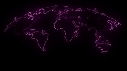 travel plan, neon world map, marking of positions on the map with pin marks, trip around the world ,