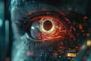 Leinwandbilder - Close up view of a glowing robotic eye surrounded by intricate futuristic circuits at a high tech setting. Generative AI