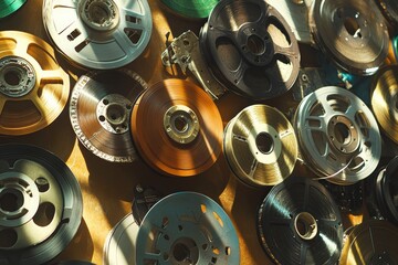 Aufkleber - Close up view of vintage film reels and tape showcasing textures and colors with space for creative text. Generative AI