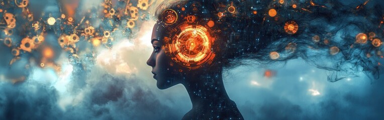 Fototapete - Conceptual visualization of a woman's mind with abstract gears and elements representing thoughts and creativity at dusk