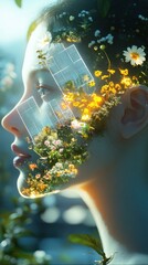 Poster - Conceptual visualization of a woman's face integrated with floral and architectural elements showcasing nature and creativity