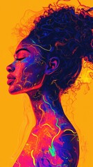 Poster - Glowing woman in vibrant colors with abstract patterns against a bright background