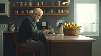 Aufkleber - Cheerful elderly man enjoying coffee while working on a laptop in a cozy kitchen filled with natural light