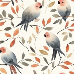 Poster - Calming watercolor doodle featuring colorful birds and autumn leaves on a light background