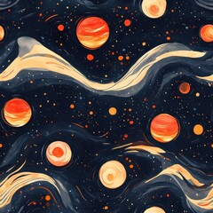 Poster - Bold doodle cartoon watercolor of planets and cosmic scenery in vibrant colors against a dark background