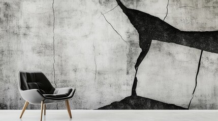 Aufkleber - Bold concrete wall features high-contrast black cracks in a modern interior space with contemporary seating arrangements