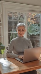 Aufkleber - Radiant moment of a woman working at a stylish desk surrounded by natural light and greenery
