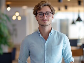 Aufkleber - Young entrepreneur confidently standing in modern workspace with a bright and welcoming atmosphere