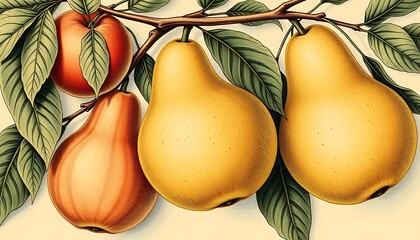 Pears and an apple hanging on a tree branch