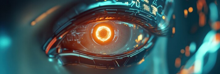 Fototapete - Close up view of a robotic eye glowing gently in a futuristic circuit environment with intricate details. Generative AI