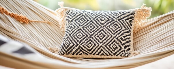 Wall Mural - Handwoven outdoor pillows in natural fibers with bold geometric designs, styled on a hammock