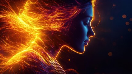 Aufkleber - Vibrant portrayal of a woman's profile with colorful flowing hair at night