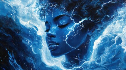 Fototapete - Vibrant portrait of a serene face surrounded by electric blue and swirling clouds in a cosmic atmosphere