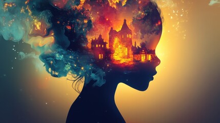 Aufkleber - Vibrant silhouette of a child with an imaginative landscape blending into their profile at dusk