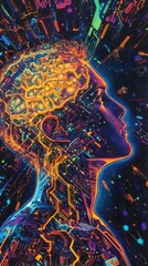 Poster - Vibrant profile of a man illustrating the connection between technology and human thought in a colorful abstract display