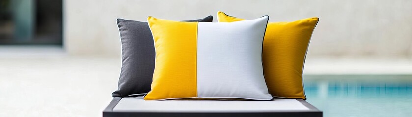 Minimalist monochrome pillows with pops of bright yellow, styled on a sleek poolside chair