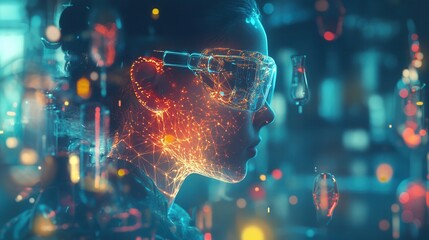 Aufkleber - Surreal visualization of a scientist immersed in vibrant connections and experiments in a futuristic laboratory