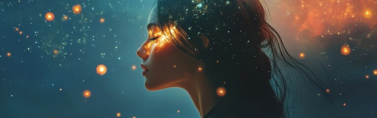 Aufkleber - Surreal glowing woman surrounded by cosmic elements reflecting inner beauty and tranquility
