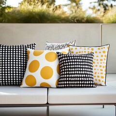 Wall Mural - Modern graphic-patterned outdoor pillows in bold black, white, and yellow, styled on a sleek patio