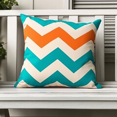 Wall Mural - Outdoor pillows with bold chevron patterns in turquoise and orange, on a white-washed wooden bench