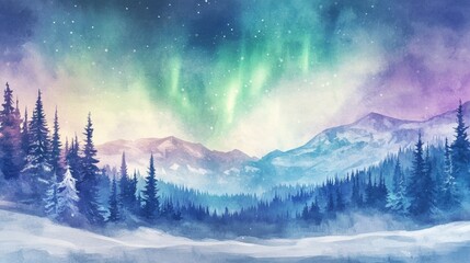 Leinwandbilder - Colorful aurora borealis lights up the snowy mountains and evergreen forest at twilight near a serene winter landscape. Generative AI