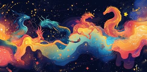 Poster - Dragons with flowing manes soar through a starry galaxy