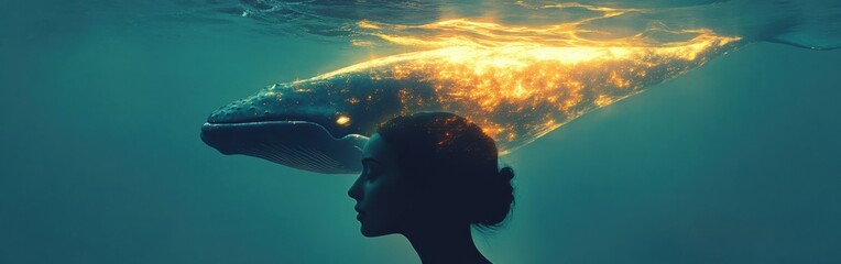 Aufkleber - Serene silhouette of woman submerged in water with whale floating above at dusk