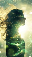 Poster - Serene portrait of a woman glowing with light in a dreamy atmosphere