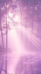 Aufkleber - Lavender light filters through soft pink trees at twilight near a reflective lake