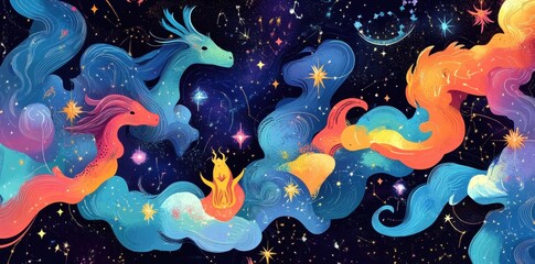 Poster - Celestial dragons swimming through a vibrant cosmic starry sky