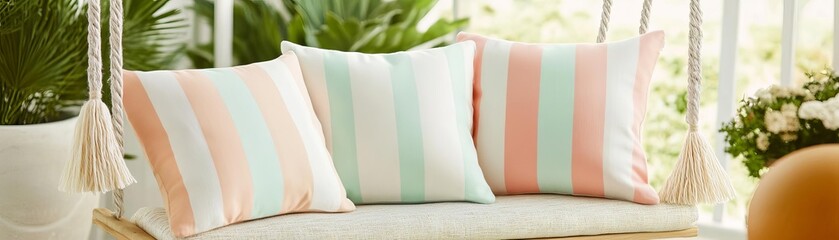 Wall Mural - Pastel striped pillows with tassels, styled on a sunny balcony swing