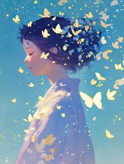 Wall Mural - Serene girl, butterflies, sky, design, artwork