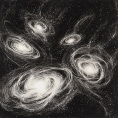 Poster - Cluster of glowing galaxies captured in a detailed pencil drawing showcasing cosmic beauty and complexity