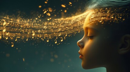 Aufkleber - Mystical profile of a child surrounded by shimmering musical notes and golden light