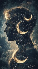 Poster - Mystical profile of a man filled with cosmic elements, stars, and lunar features against a dark backdrop