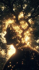 Aufkleber - Mystical silhouette of a man with a tree growing from his head in a serene light-filled forest