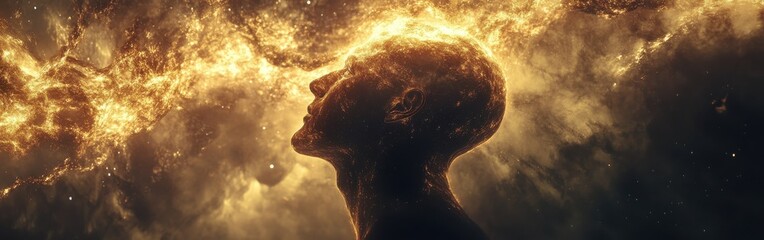 Aufkleber - Mystical profile of a man with cosmic elements radiating light and energy in a dark background